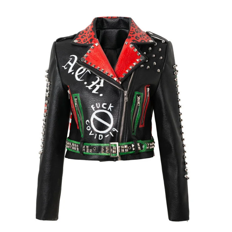 New Style Coat In Spring And Autumn Women'S Leather Clothes Slim Fashion Brand Motorcycle Printed Rivets Punk  Trend