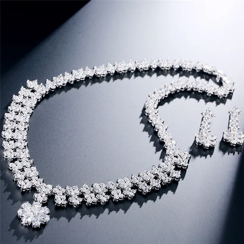 

RAKOL 2 Pcs Luxury White Cubic Zirconia Flower Pendant Necklace Earrings Jewelry Sets for Bridal wedding Party Dress Accessories