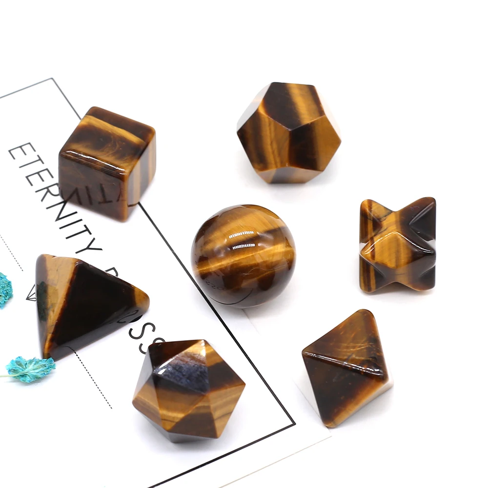 

7pcs/set Natural Tiger Eye Stone Carved Ornament Ball Pyramid Star Shape Reiki Healing Crystals DIY Jewelry Home Decoration