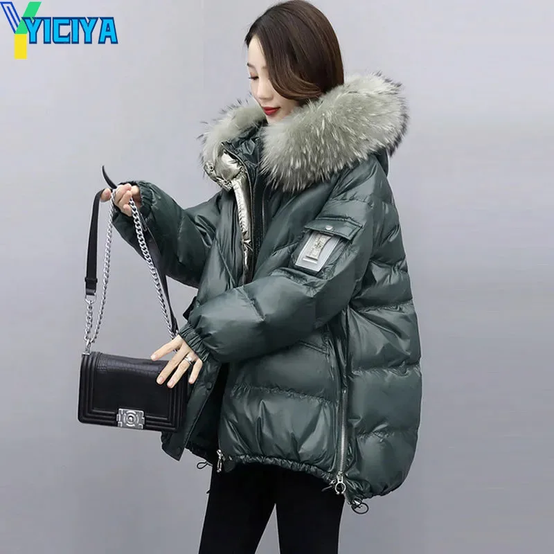 YICIYA Winter Jackets 2023 Woman Big Fur Collar Hooded Parkas Coats Pockets Zippers Women's Jacket Streetwear Thick Warm Parkas