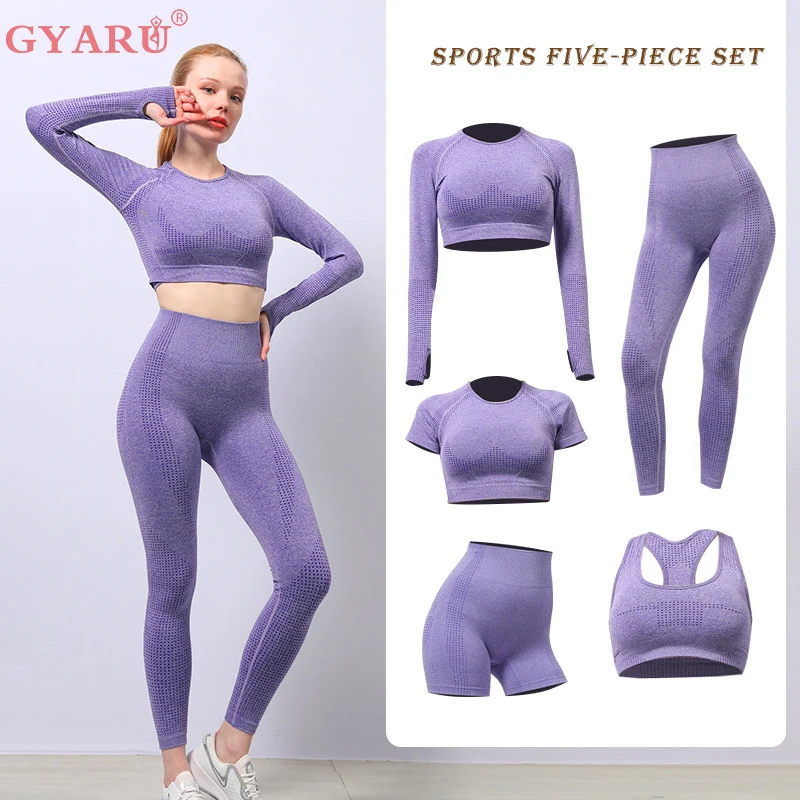 

GYARU 5PCS Seamless Women Yoga Set Workout Sportswear Gym Clothing Fitness Long Sleeve Crop Top High Waist Leggings Sports Suits