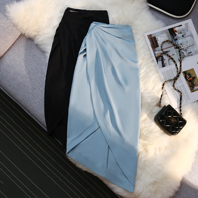

Woman Folds Skirts Women Asymmetrical Solid Zipper Empire Pencil Sexy Mid Length Skirt Elegant Solid Korean Fashion Clothing
