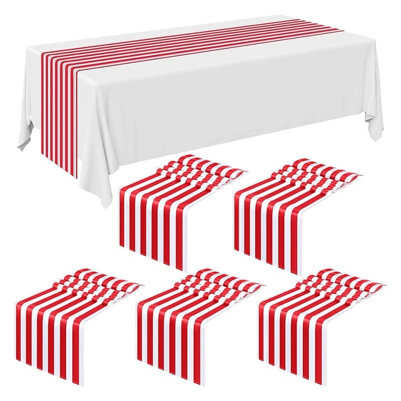 

6 Pieces Striped Table Runner Wedding Polyester Table Decor Red White Striped Design Tablecloth Decor