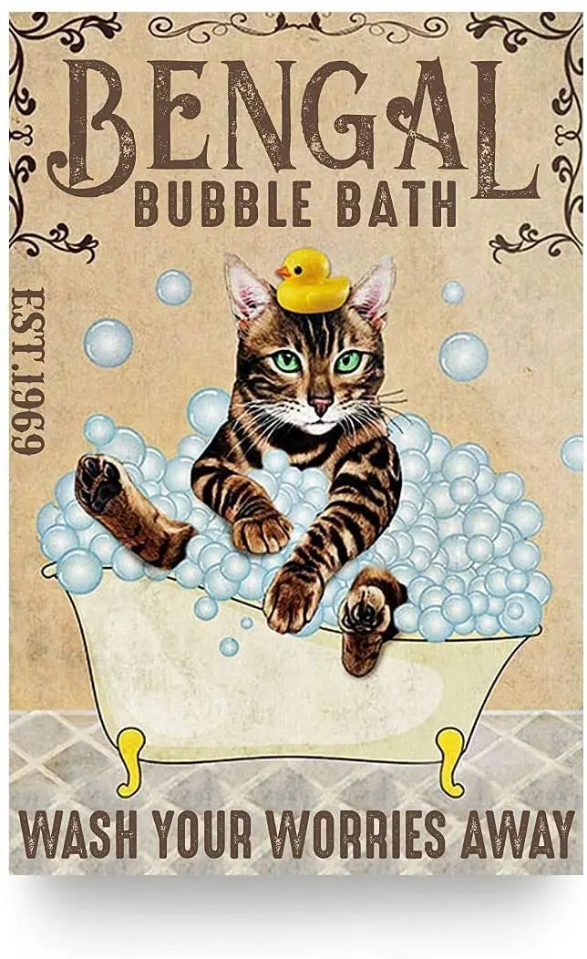 

Bathtub Cat Retro Metal Tin Sign, Bengal Cat Bubble Bath Soap Foam Poster Retro Toilet Cave Bar Home Bathroom Wall Decor