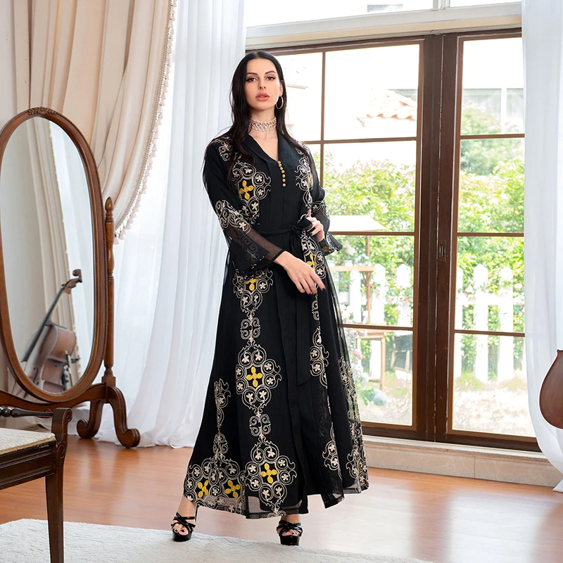 Mesh Embroidery Abaya Dubai Muslim Woman Dress 2022 With Buttons Belt Habaya Moroccan Jalabiyat Turkey Islam Arabic Abaya Kaftan