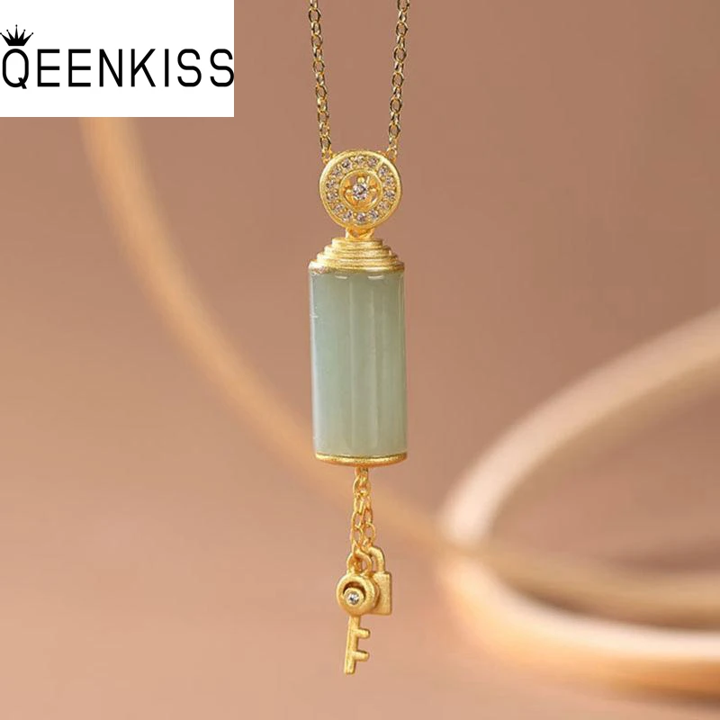 

QEENKISS NC5277 Fine Jewelry Wholesale Fashion Woman Girl Bride Mother Birthday Wedding Gift Lock Key Jade 24KT Gold Necklace