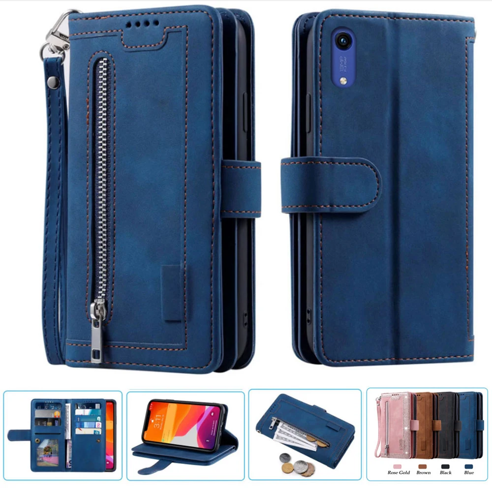 

9 Cards Wallet Case for Huawei Honor 8A Phone Case Card Slot Zipper Flip Folio with Wrist Strap for Honor 8A No Fingerprints