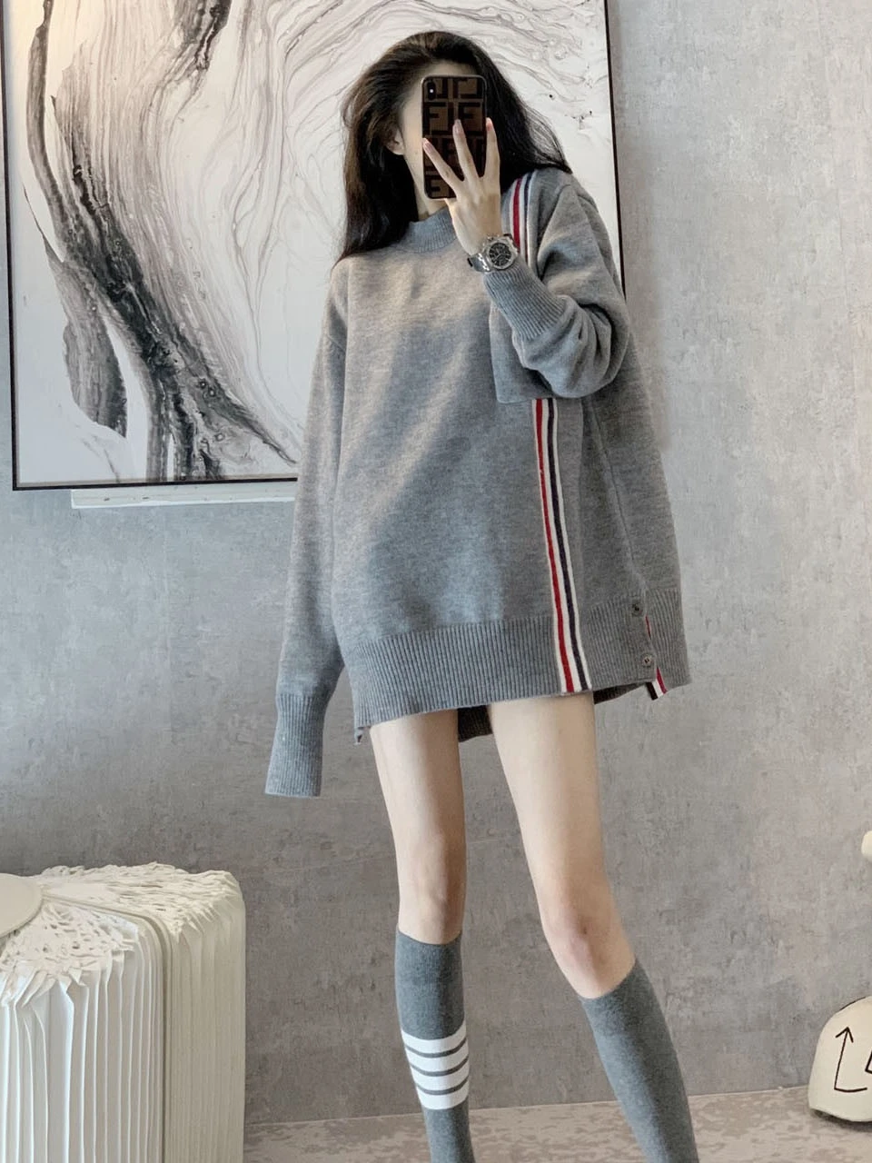 Spring and autumn TB top women's long-sleeved loose sweater round neck straight pullover college style knitted striped shirt