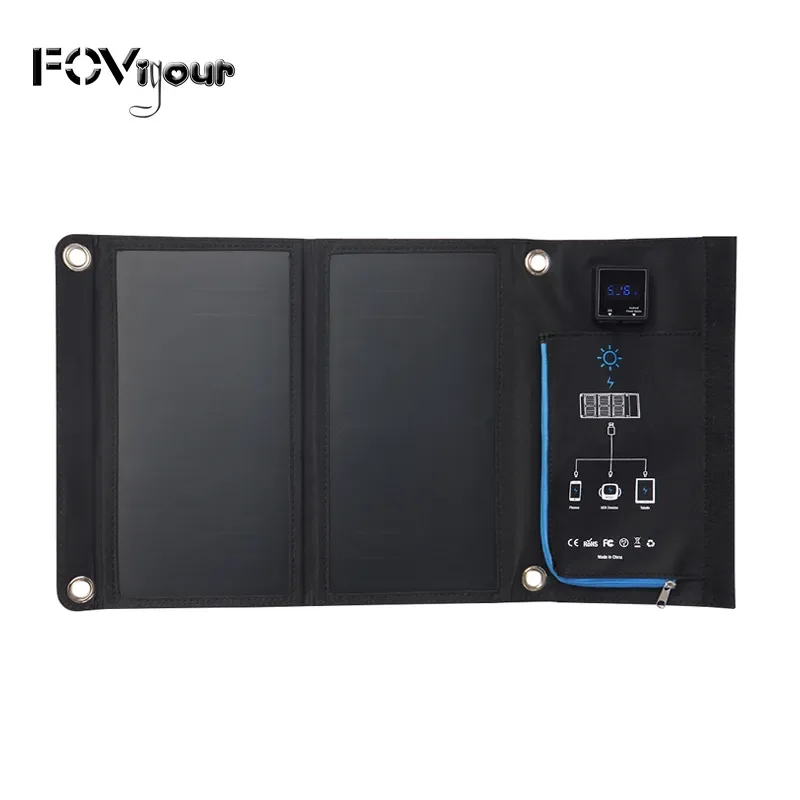 

2023New Fovigour Portable 15W Folding Waterproof Solar Panel Charger Mobile Power Bank for Phone Battery Dual Display USB Port O