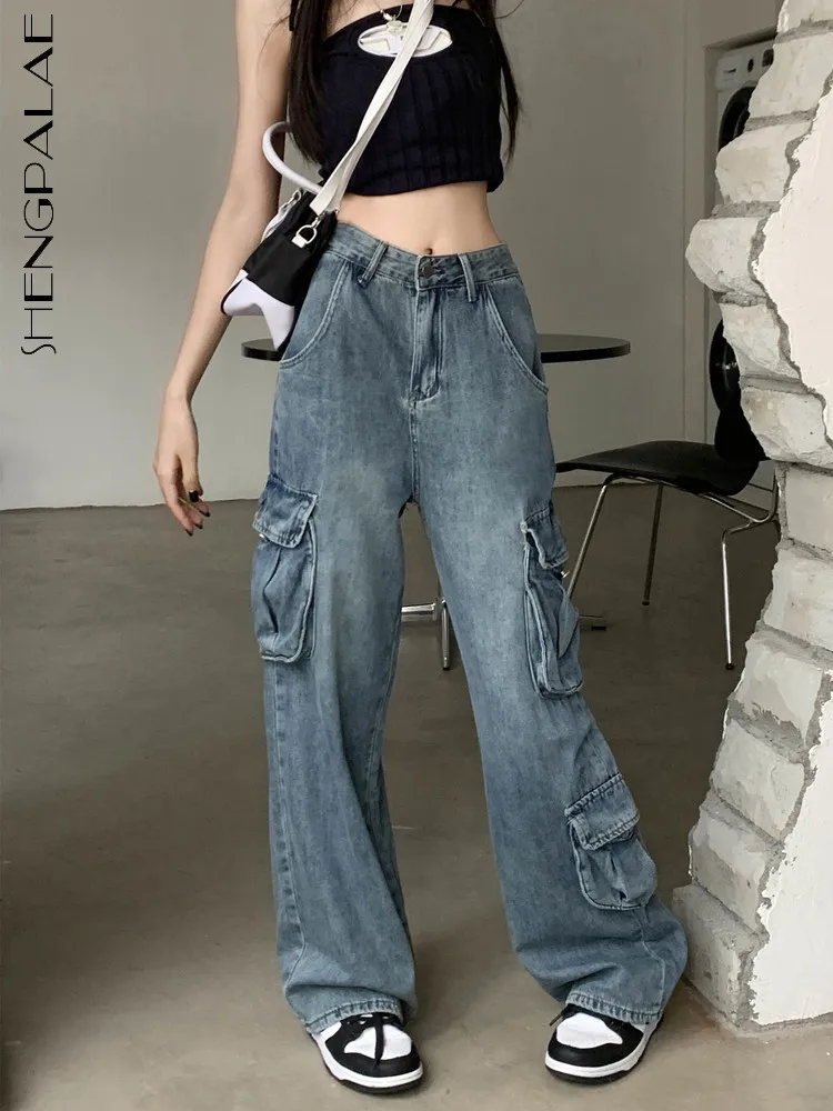 

SHENGPALAE Fashion Solid Color Multiple Pockets High Waist Demin Pants Women's Loose Wide Leg High Street Trouser 2022 Autumn