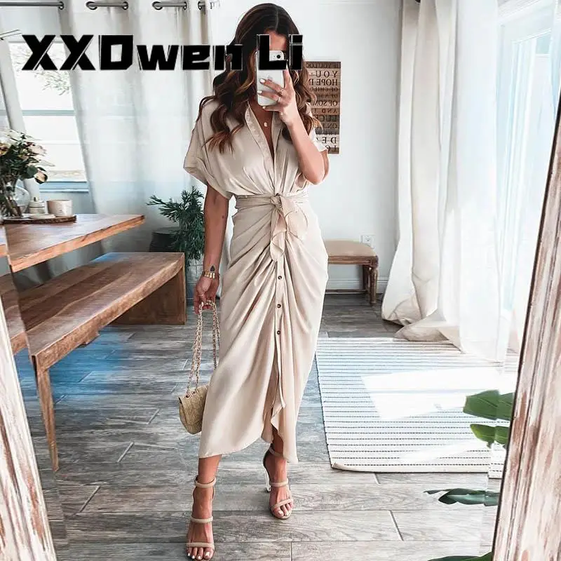 Женское длинное платье на пуговицах элегантное офисное макси с коротким рукавом