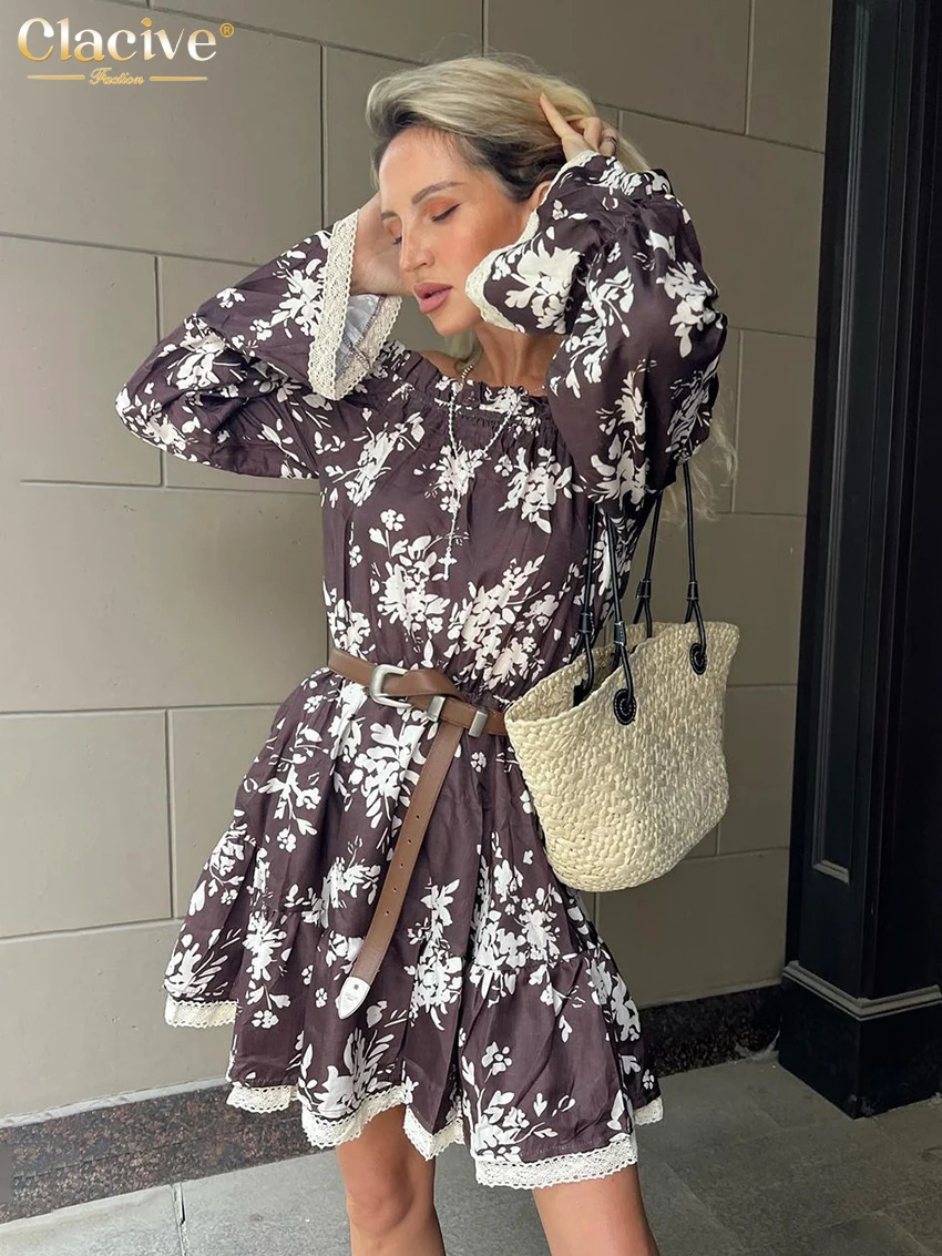 

Clacive Vintage Loose Print Women'S Dress 2023 Fashion Slash Neck Long Sleeve Mini Dresses Casual Lace Spliced Female Dress