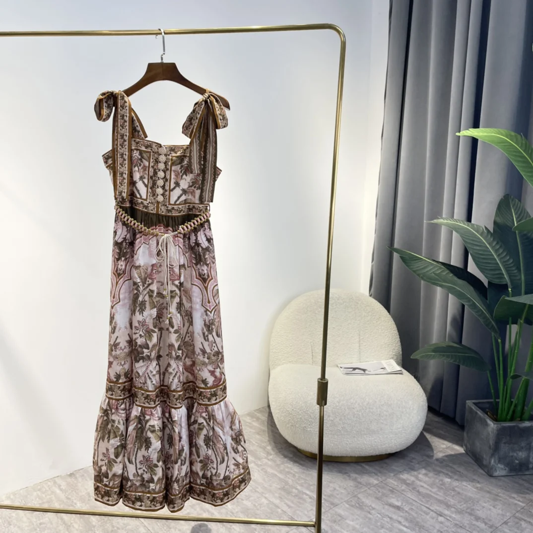 

2022 New Arrival Summer Khaki Palm Tree Floral Printing High Waist Self Tie Straps Midi Dress with Beading Belt Lady