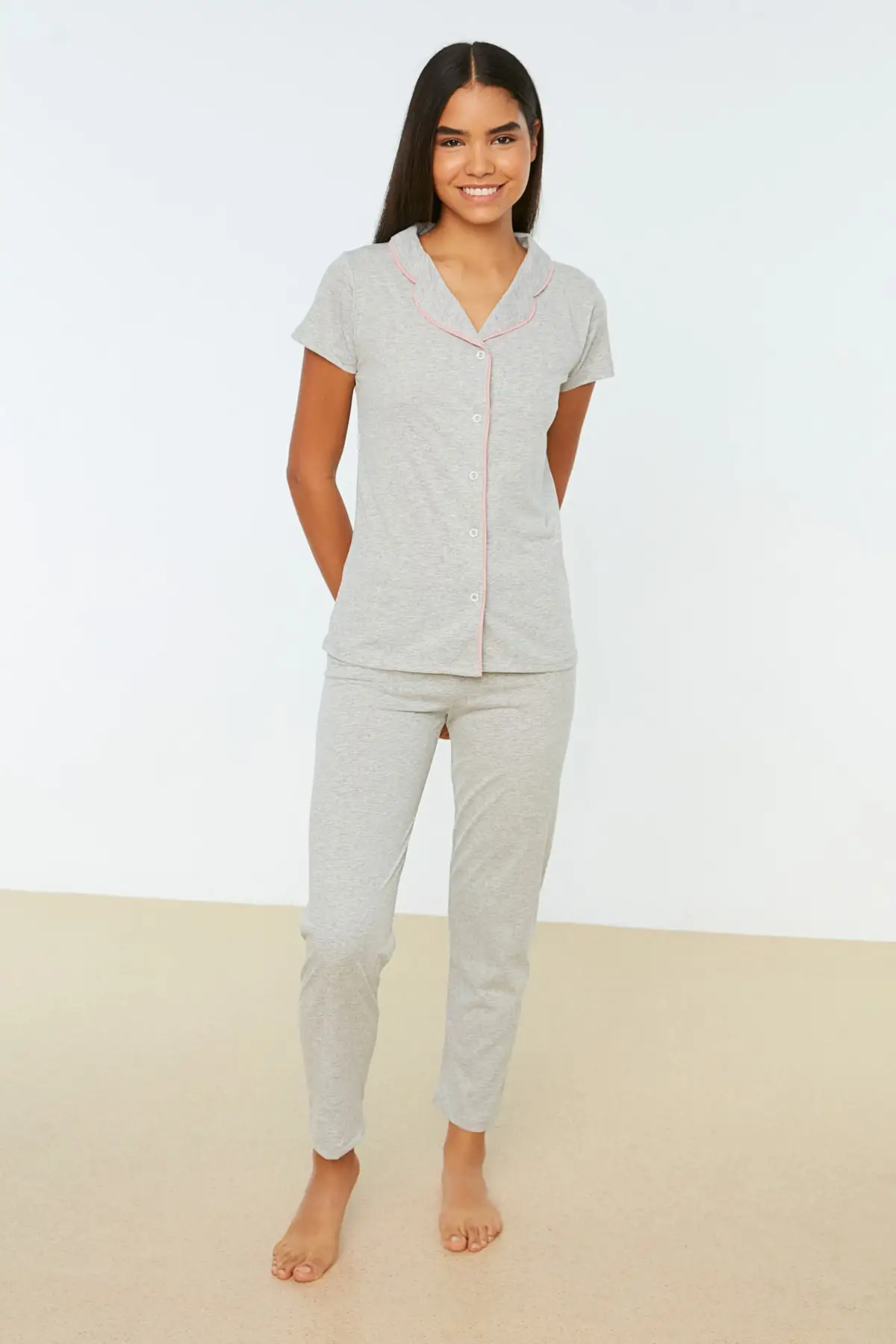 

Women's Pajamas Gray Piping Detailed Knitted Sleep Lounge Pajamas Nightwear Nightwear Nightwear Casual Home Clothing