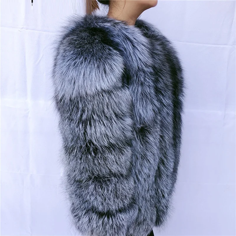 High Quality Women's Red Fox Fur Coat Vertical Stripe Silver Fox Overcoat Lady Natural Warm Thicken Fur Outwear Winter Clothing