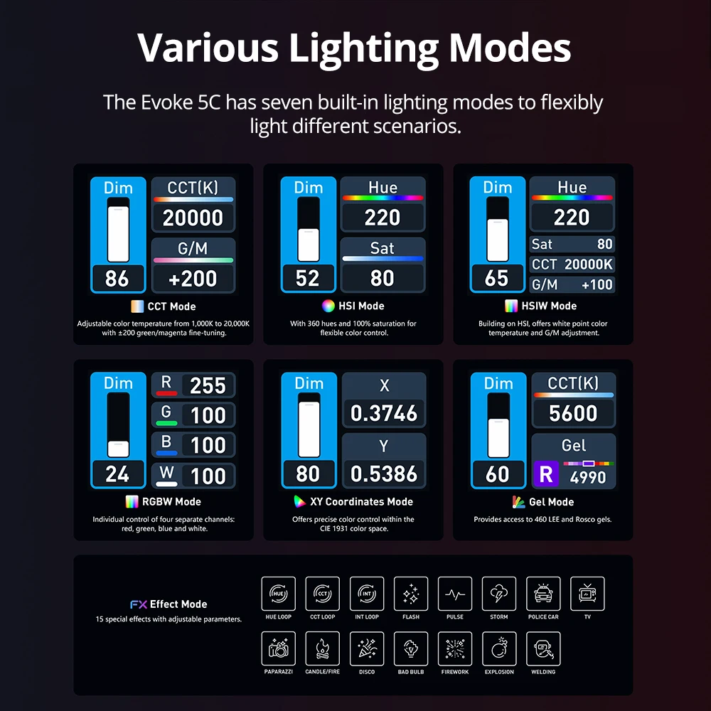 Фото NANLITE Evoke 5C: Портативный полноцветный RGB LED видеосвет, ручной заполняющий свет, двухцветный светильник для фотосъемки, атмосферная лампа для съемок №5
