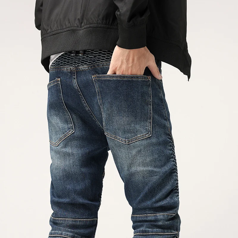 Streetwear Men New Pattern Recreational Blue Pants Elastic Force Straight Cylinder Self-cultivation Thread Jeans Autumn Female