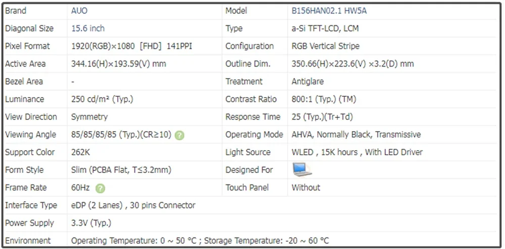 15 6-дюймовая ЖК-панель Slim IPS FHD 1920x1080 141PPI EDP 30 контактов 60 Гц без сенсорного экрана 250