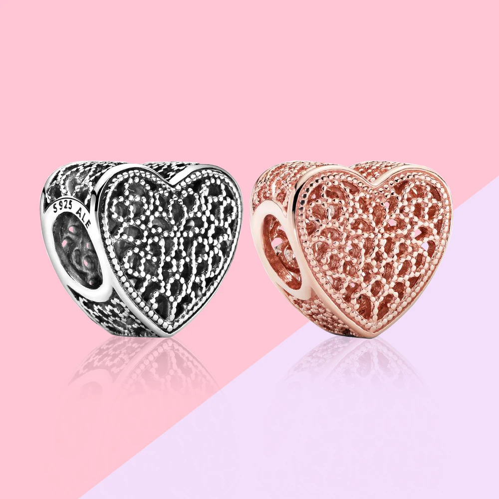 Pandora-Perles breloques coeur Filig123, perles artisanales pour bracelet, bricolage exécutif pour les amoureux et les amis, cadeaux d'anniversaire pour exprimer l'amour