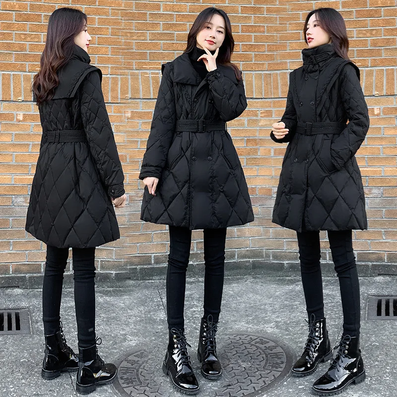 Women's slim waist, medium long down cotton jacket, women's black coat, thickened