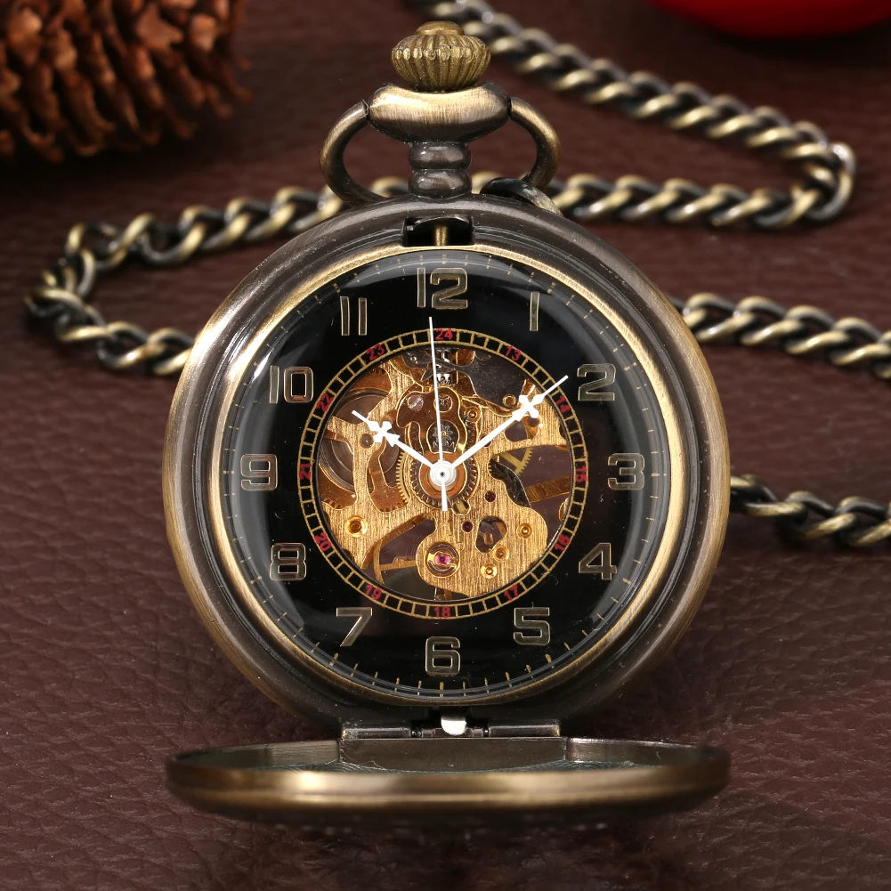 Vintage Bronze Hollow Chinese Knot  Hand Winding Mechanical Pocket Watch Arabic Numerals Dial Luxury Manual Timepiece Fob Chain