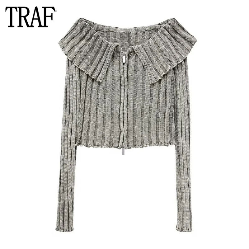 

TRAF Off Shoulder Knit Top Female Zip Cropped Cardigans for Woman Long Sleeve Crop Tops for Women 2023 Autumn Ribbed Knitwears