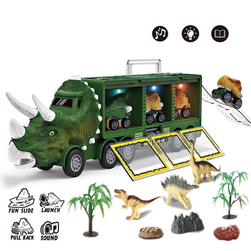 2022 New Dinosaur Storage Car Model Set For Kids With Light Can Accommodate Three Dinosaur Car Music Sound Dinos Best Gifts