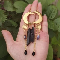 raw black quartz crystal with moon and star drop earrings witch celestial jewelry boho earrings womens party favors