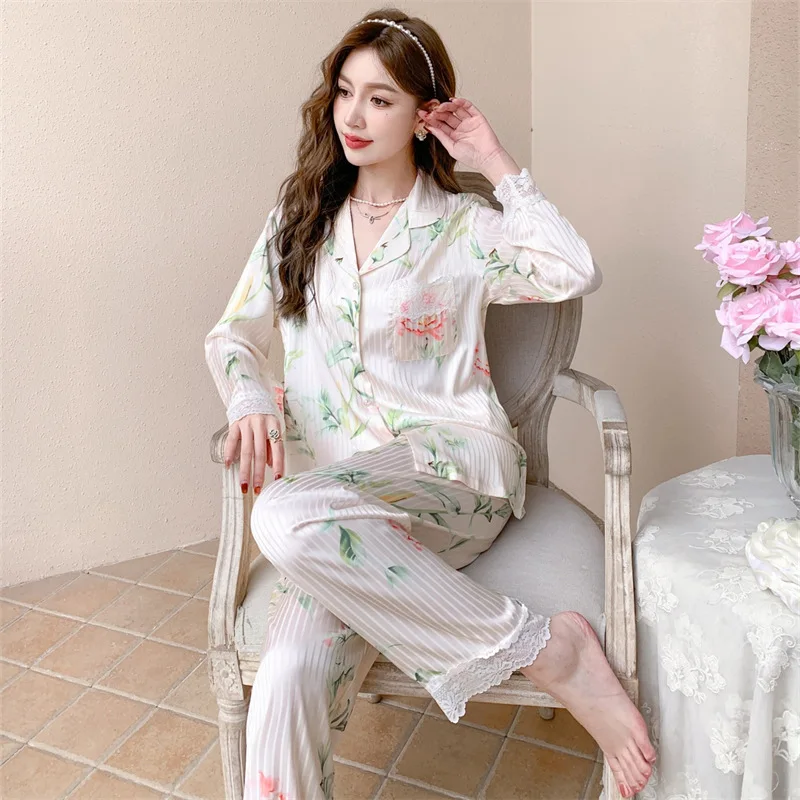 2023 Spring and Autumn New Pajamas Women's Artificial Silk Fashion Color Long-Sleeved Trousers Cardigan Homewear Women's Pajamas