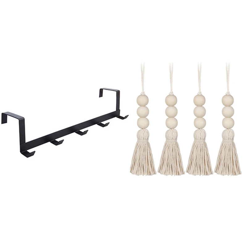

1 Pcs Smart Wide Over The Door Rack Wrought Iron Hook Black & 1 Pcs Wood Bead Garlands,Farmhouse Beads Tassels