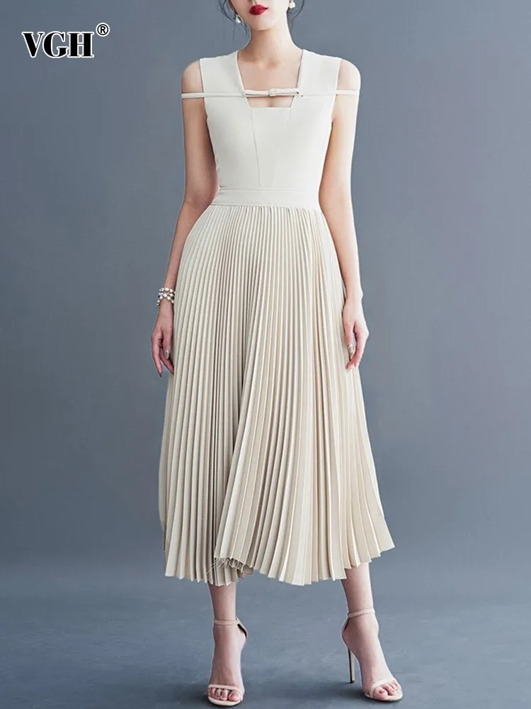 

VGH solid patchwork lace up elegant dress for women square collar sleeveless high waist folds minimalist dresses female clothes