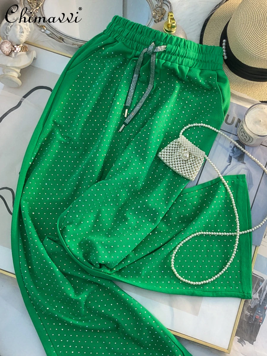 

Hot Drilling High Waist Drooping Straight Loose Casual Wide-Leg Pants Women 2022 Summer Fashion Thin Slim Drawstring Trousers