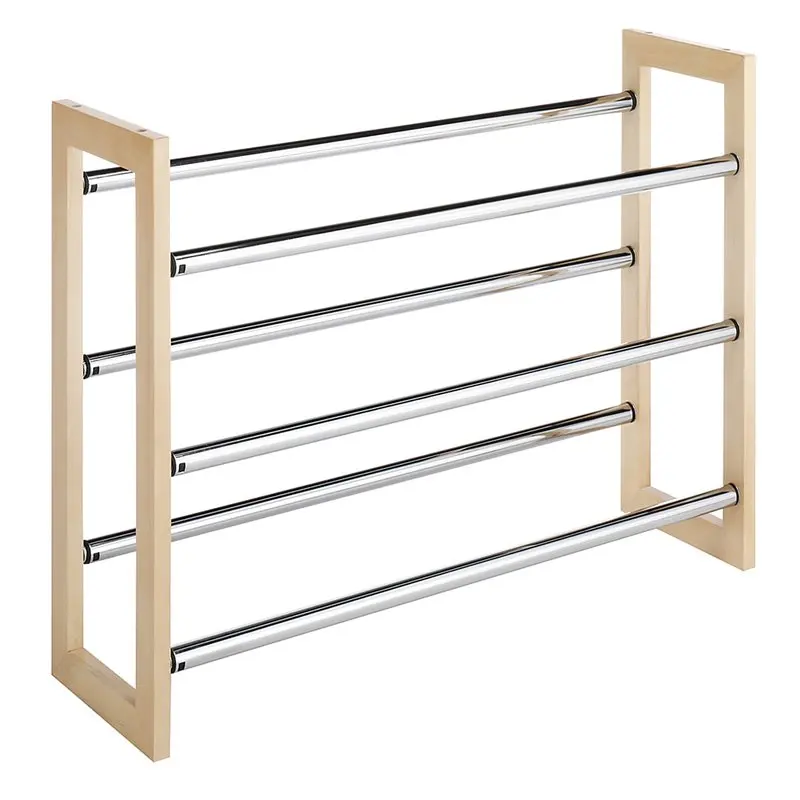 

3-Tier Expandable Stackable , Metal and Wood, Natural Wood and Chrome