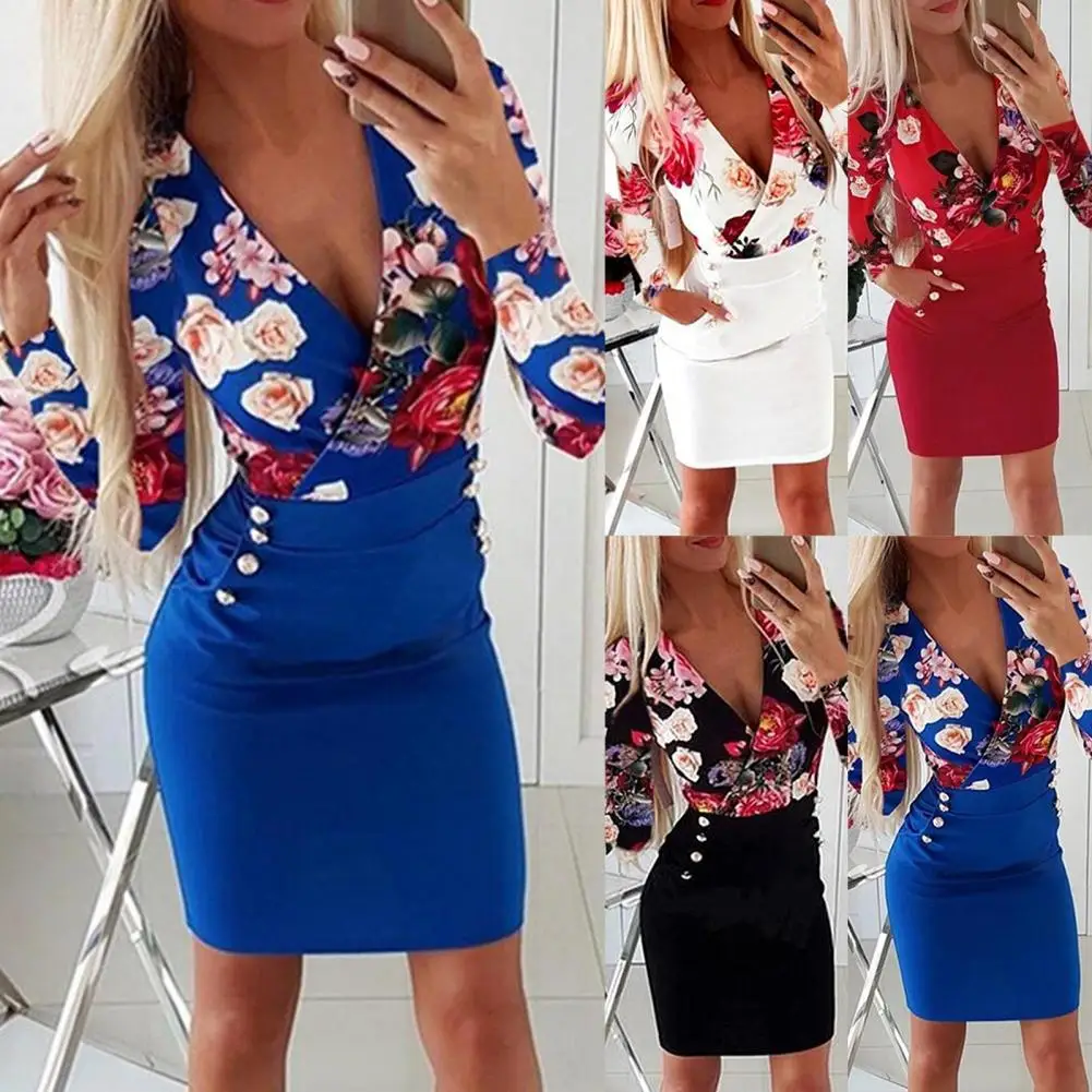 

Temperament Party Dress Long Sleeve Mid Waist Sexy Printed Hip Wrap Dress