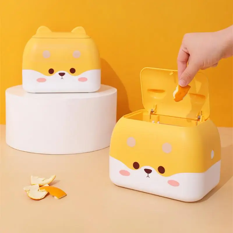 

Trash Bin Pp Cartoon With Cover Cute Appearance Office Desktop Waste Bins Cheese Dog Storage Box Press Type Desktop Storage Box