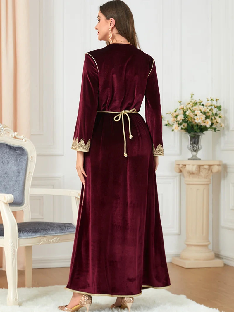 Dresses For Women 2022 Autumn Winter Velvet Embroidery V-Neck Long Sleeve Split Hem Robe Abayat Muslim Abaya Dress Dubai