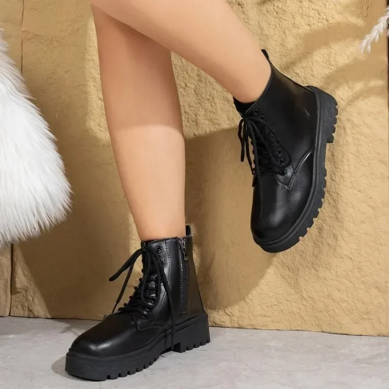 Новые туфли на платформе женские ботинки с круглым носком молнии весенне-осенние