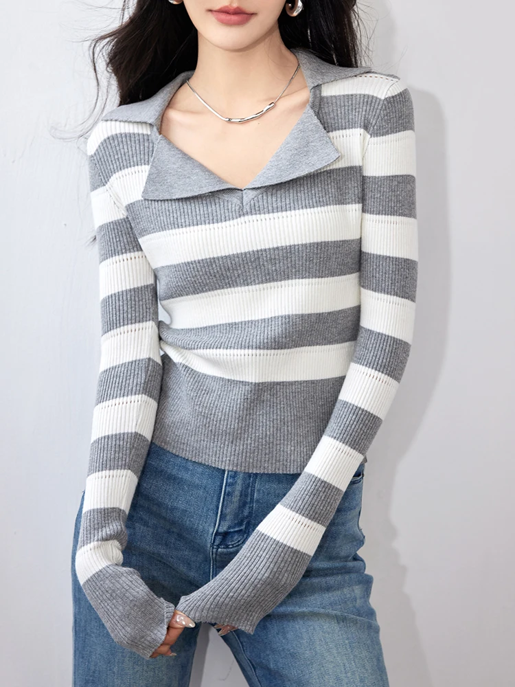 

Slim Grey Striped Sweater Women Winter Autumn Lapel Collar Long Sleeve High Street Basic Tops Knitted Pullovers Female