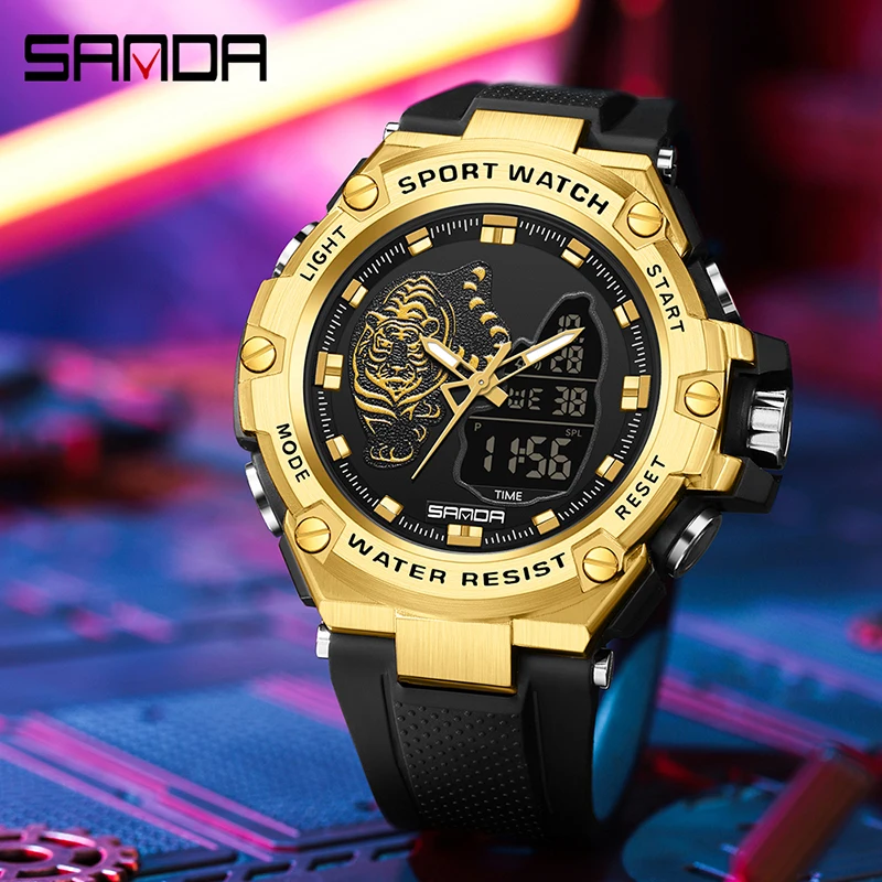 

Часы наручные SANDA Мужские кварцевые, спортивные модные электронные светящиеся, водонепроницаемость 50 м, с секундомером