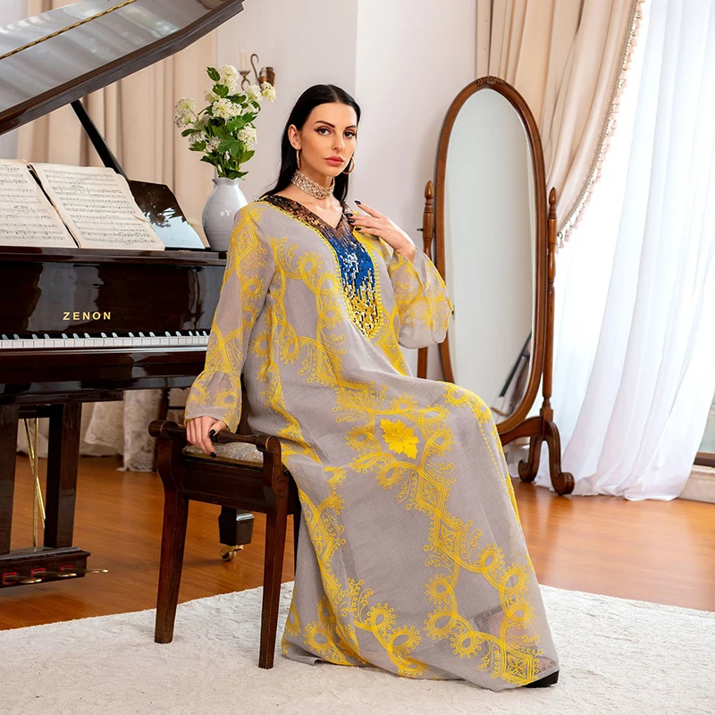 2022 Muslim Robe Women Fashion Mesh Embroidery Sequin Embroidered Abaya Dubai Islamic Clothing Мусульманская Одежда Islam Ab057