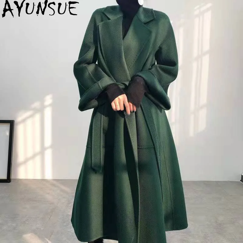 

Ayunsue 100% Wool Coat Women's Winter Jacket Water Ripple Cashmere Coat Women Clothes Belted Trench Coat Female Casaco Feminino