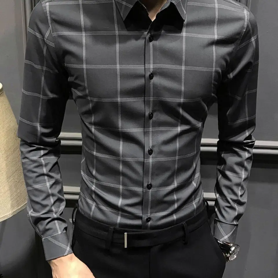 

Men's Long Sleeve Shirt Spring and Autumn Plaid Shirt Korean Fashion Slim-fit Handsome Casual Single-breasted Top