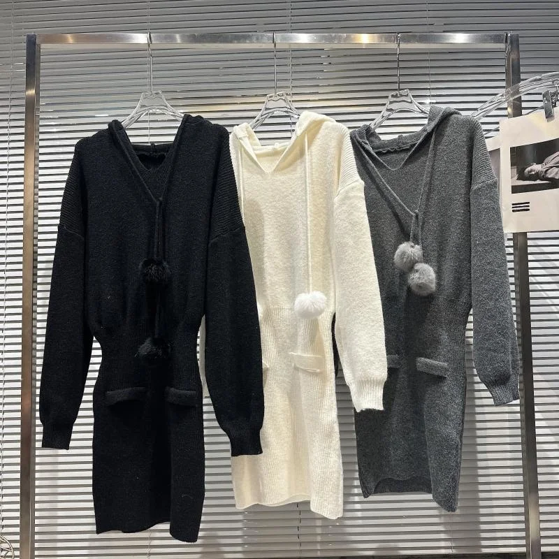 

2022 Winter New Arrival Drawstring Hooded Slim Waist Long Knitted Dress Women Black Dress Black Dress