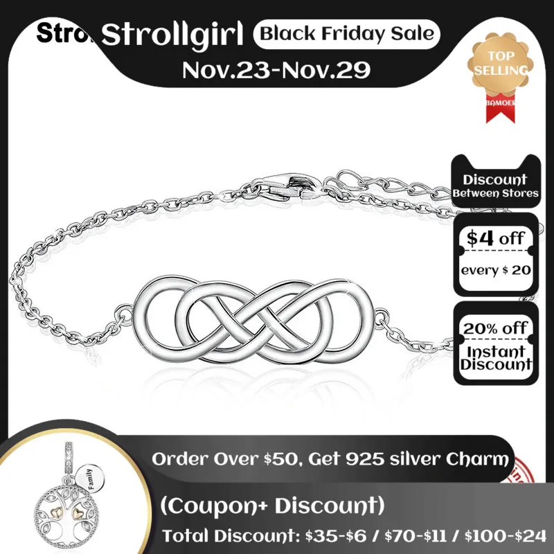 

925 Sterling Silver Infinity Pendant Adjustable Bracelet Endless Love Celtic Knot Bangle For Women Wedding Engagement Jewelry