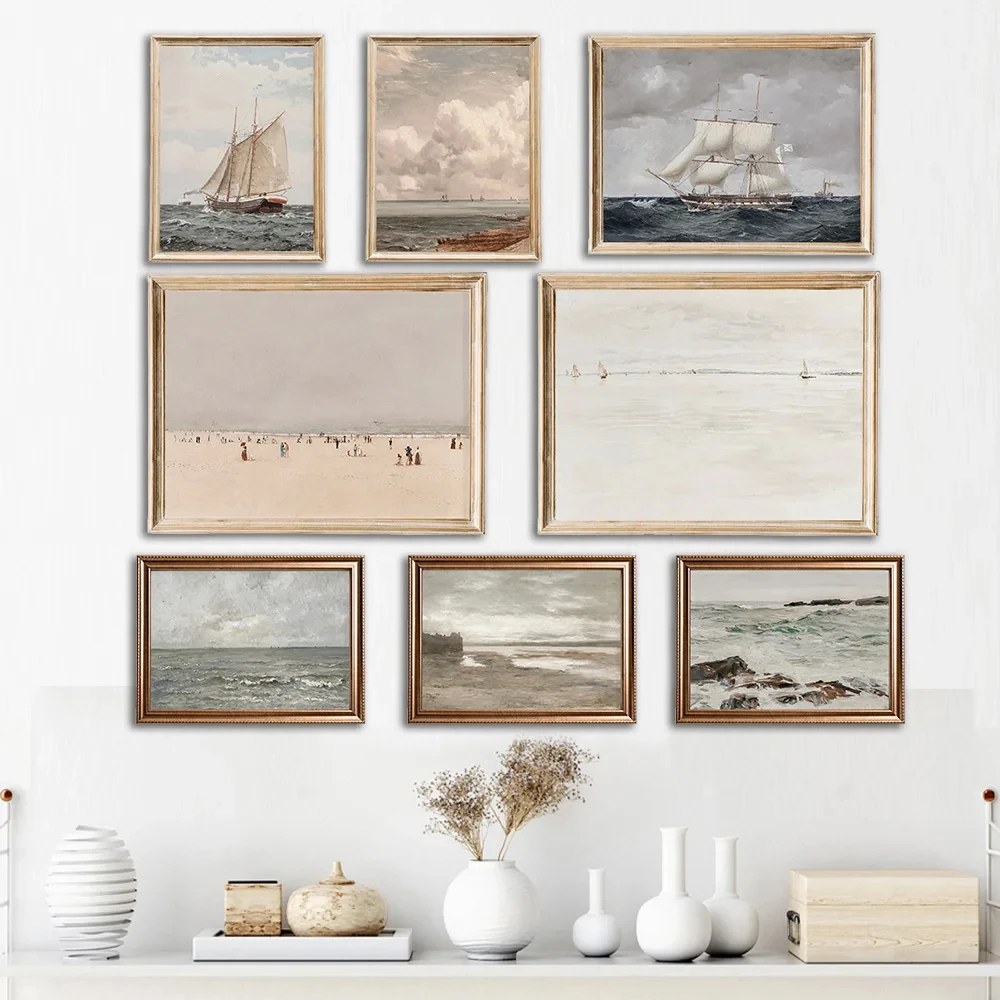 

Vintage Ocean Wall Art Print, Seascape Oil Painting, Antique Ocean Waves and Beach, Neutral Landscape, Wall Art Decor