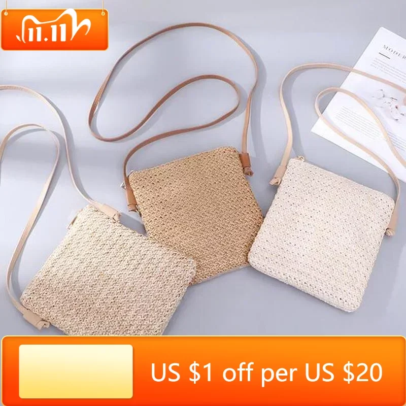 

2023 Women's Straw Plait Small Square Bags One Shoulder Slanted Across Bag Handbag Coin Purses Summer Casual Sweet Holiday Tote