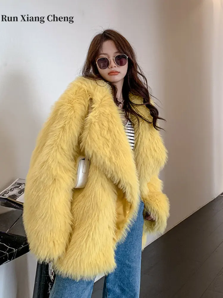 Women's Winter Jackets 2023 New Korea Fashion Chic and Elegant Long Suit Collar Luxury Faux Fur Coat Loose Fox-like Plush Coat