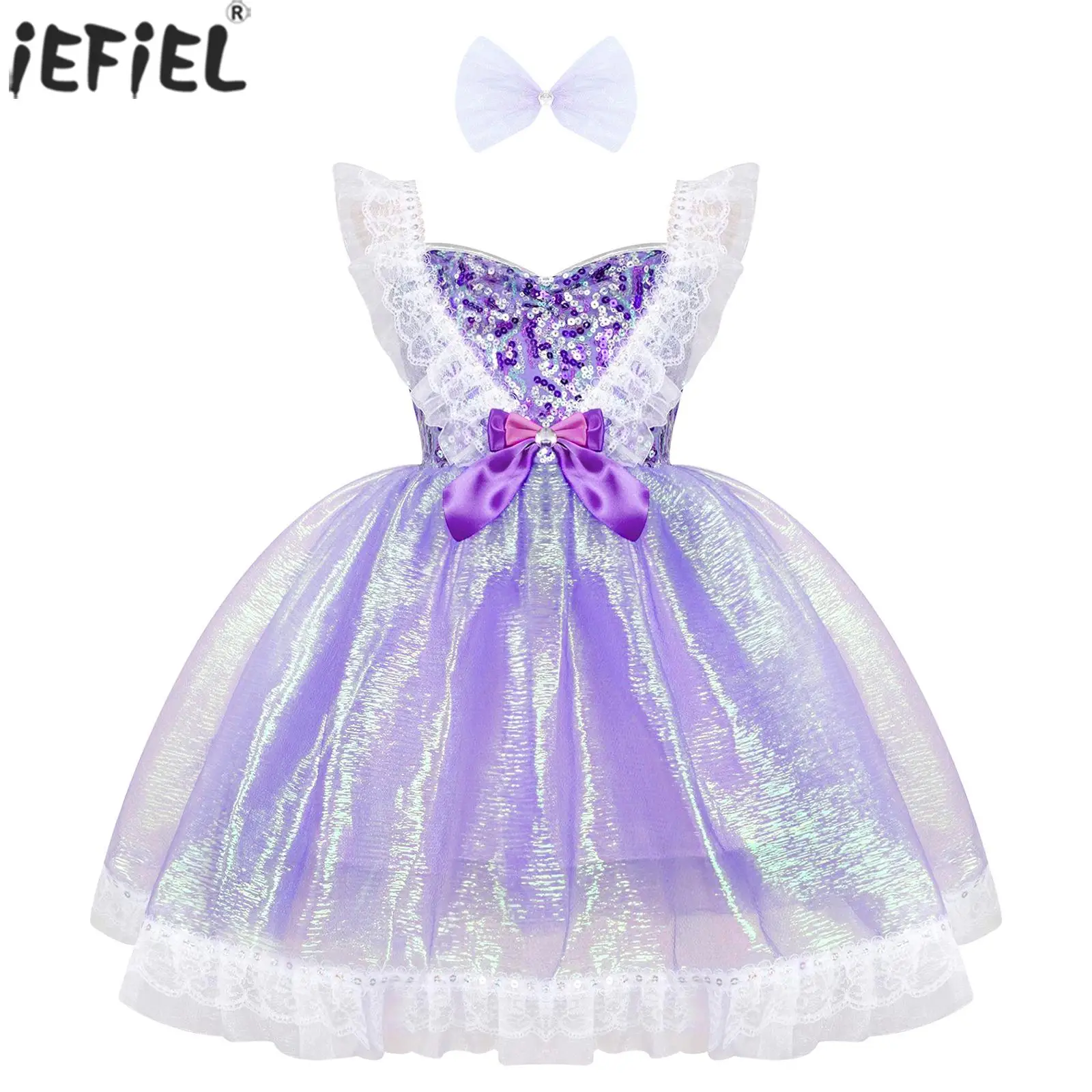 

Kids Girls Princess Dress Sleeveless Shiny Sequin Tutu Ruffle Lace Party Dresses Childrens Day Birthday with Bowknot Hair Clip