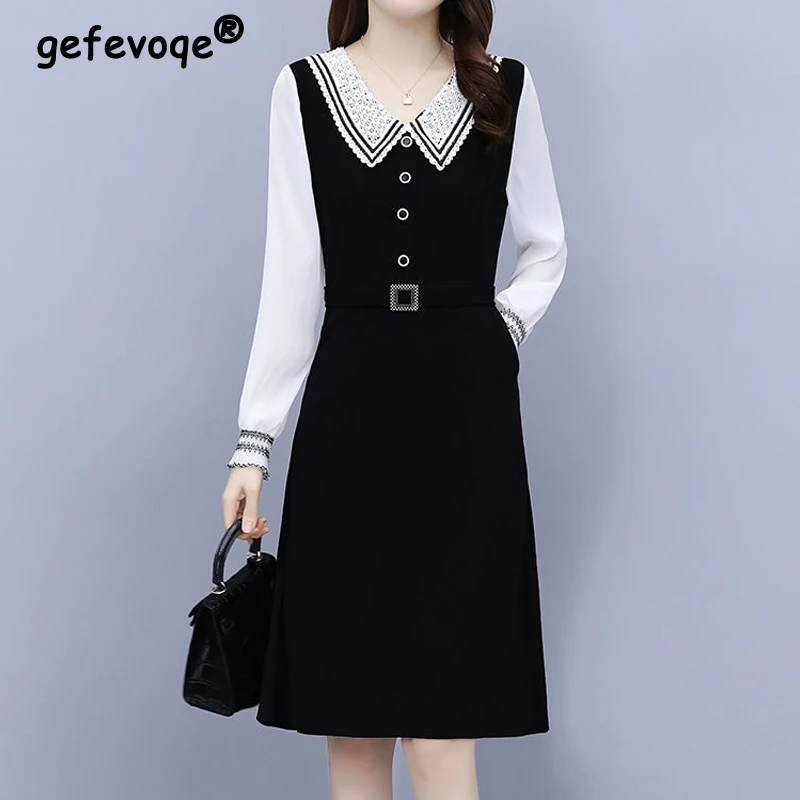 Купи Women Korean Style Solid Spliced Midi Dress Autumn Fashion Doll Collar Long Sleeve Button Dresses All-Match Elegant Female 2022 за 1,285 рублей в магазине AliExpress