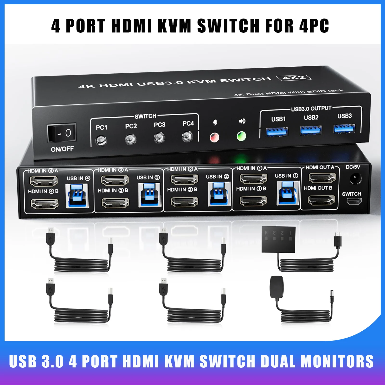 USB 3,0 Displayport + HDMI KVM переключатель 2 монитора 4 компьютера ...